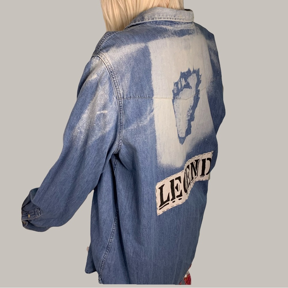 Upcycled Denim bleached Bigfoot or Sasquatch footprint button down shirt. - Picture 4 of 14